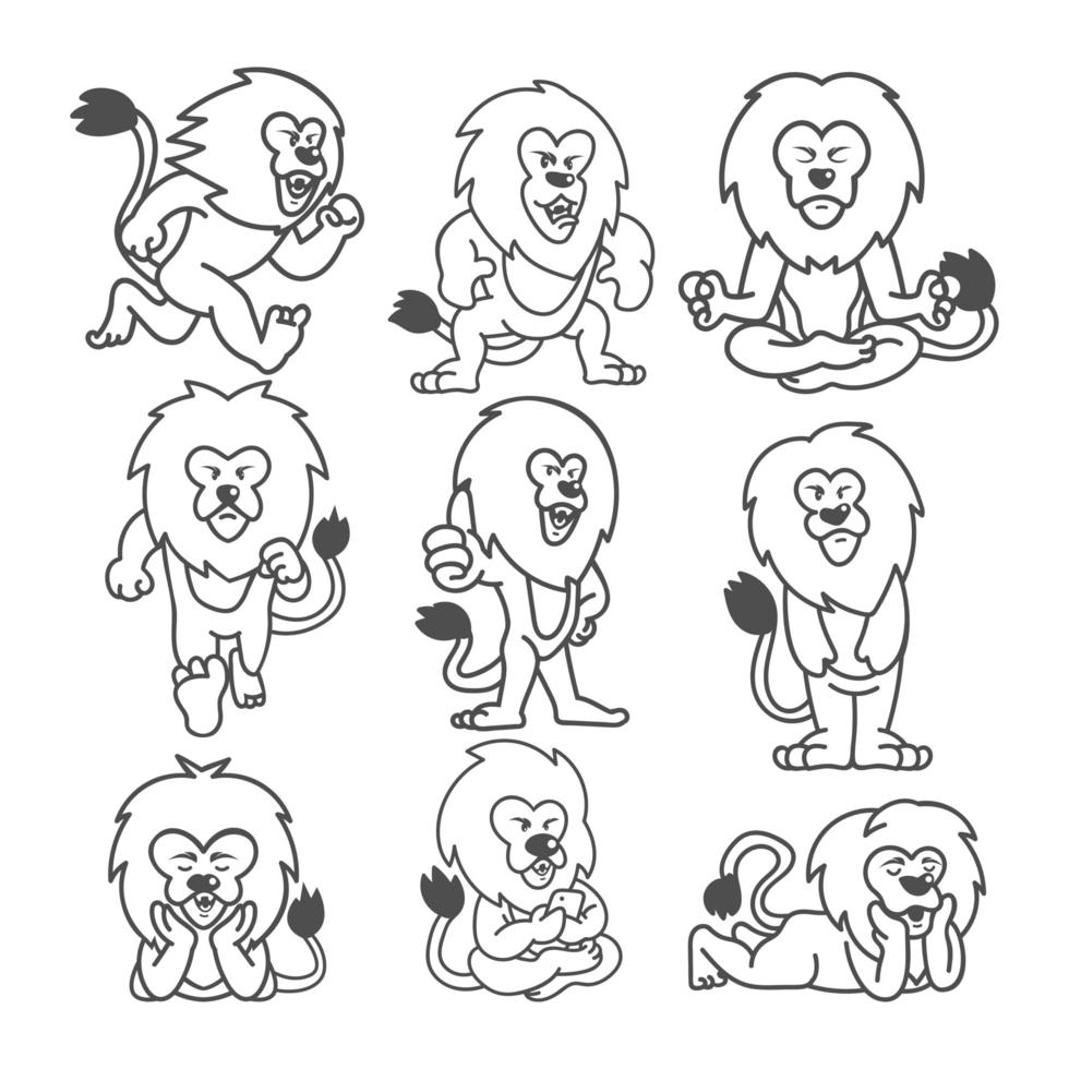 Lion line drawing set vector