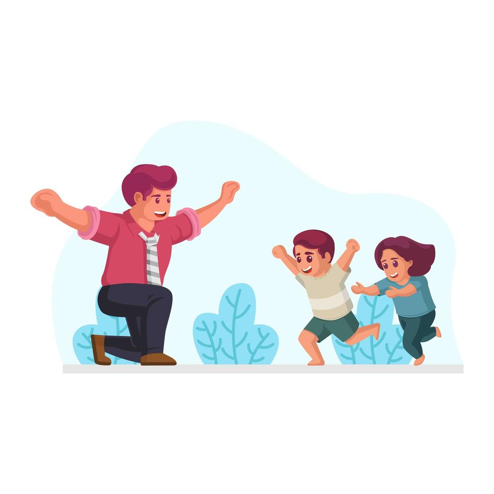 Son and daughter running to father with open arms vector