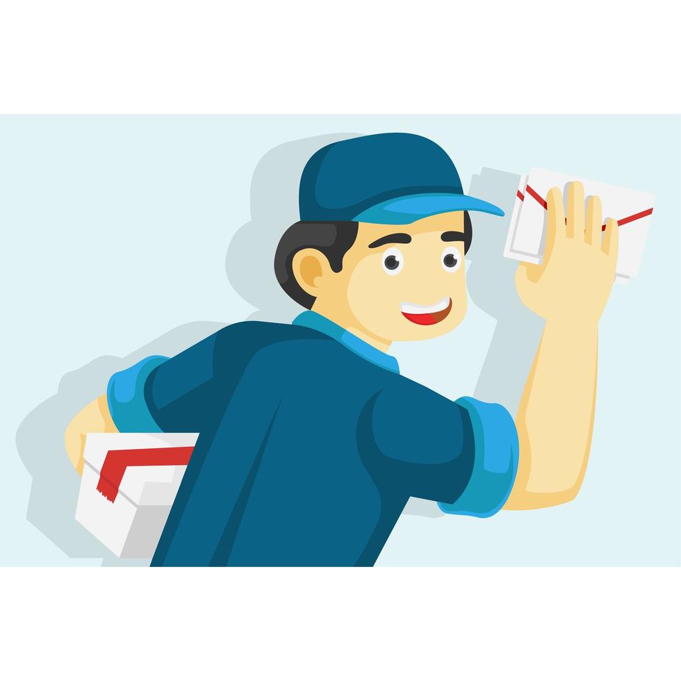 Cheerful postman with parcels and letter vector