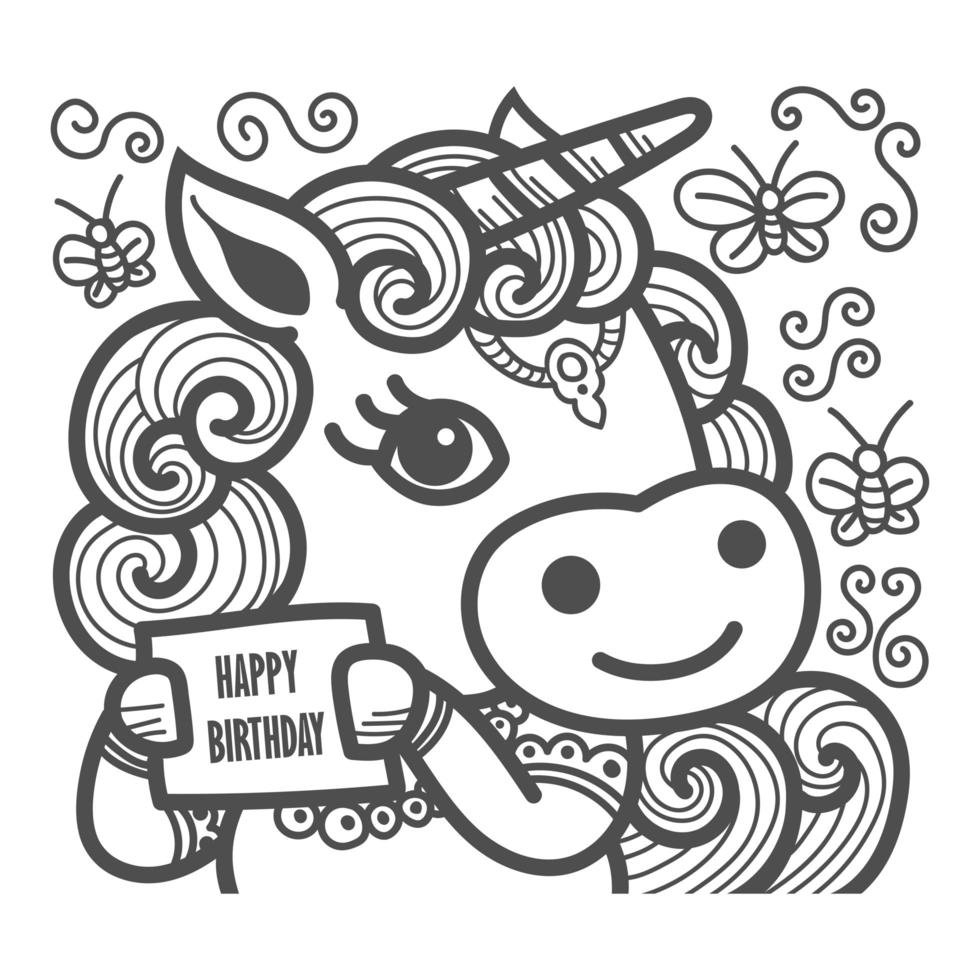 Lovely unicorn holding happy birthday card vector