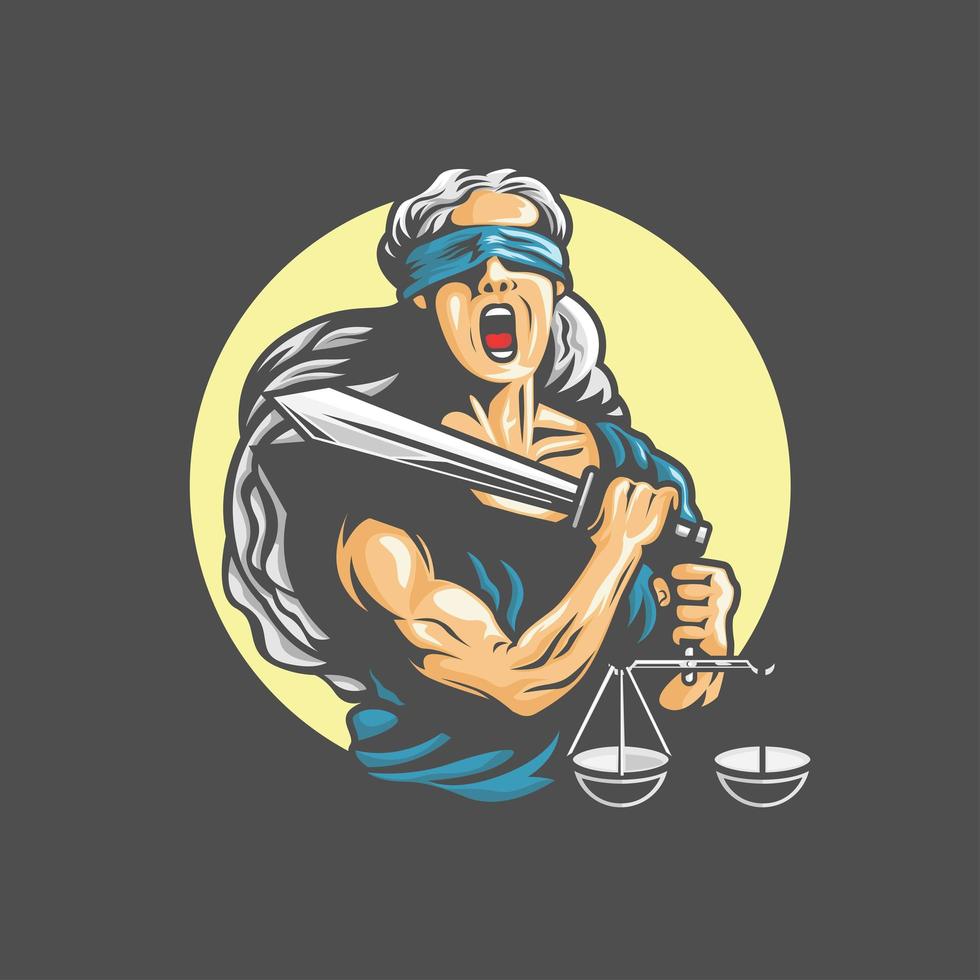 Screaming goddess Themis holding sword of justice and weights vector
