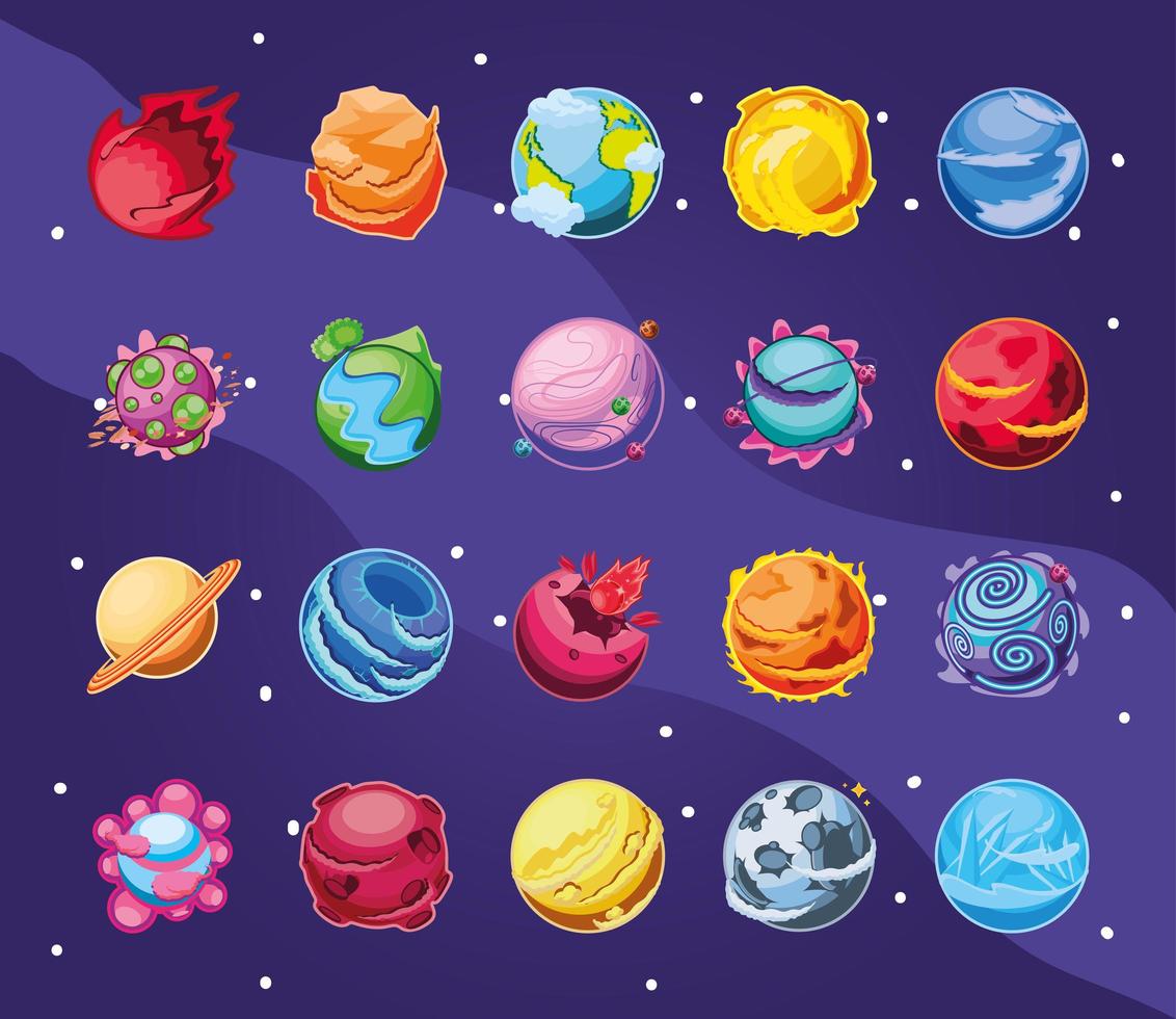 Icon set of fantastic planets vector