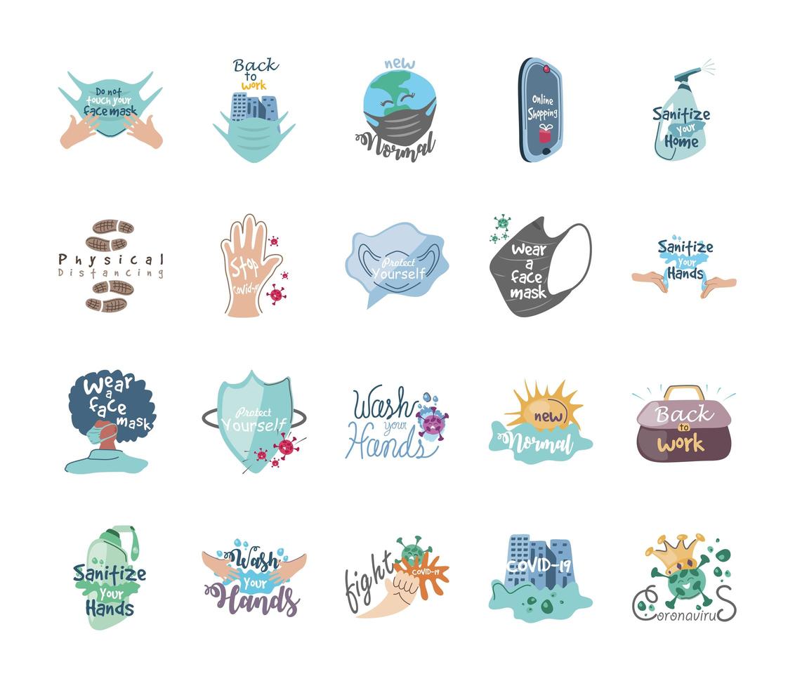 Cute set of icons of coronavirus prevention and protection vector