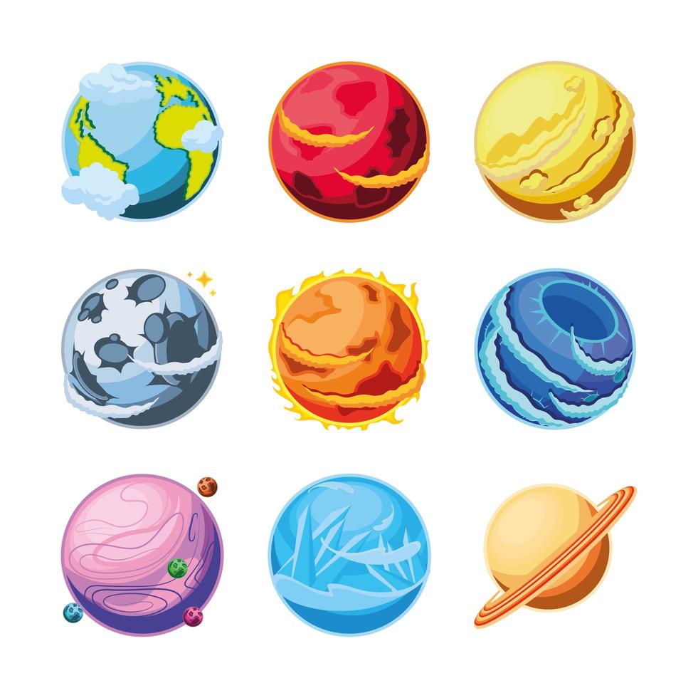 Icon set of fantastic planets vector