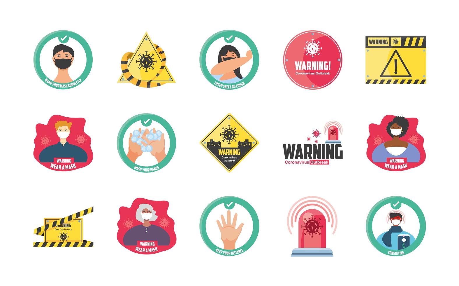 Icons set of security measures and precautions vector