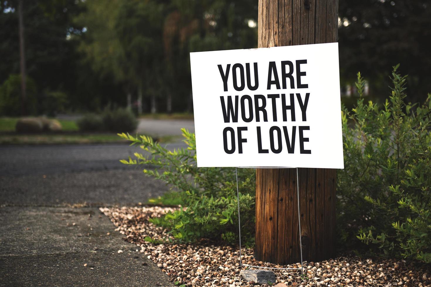 eres digno de amor firmar junto al árbol y la carretera foto