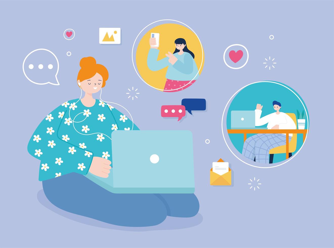 Young woman on floor with laptop on social media vector