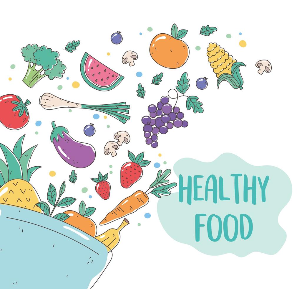 Bowl of healthy organic food with fresh fruits and vegetables vector