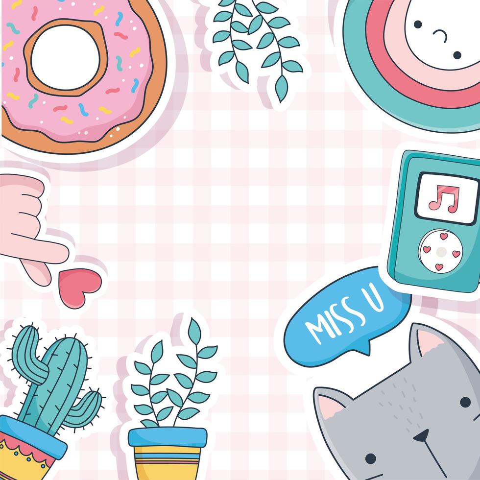 lindo gato, plantas en macetas, donas e íconos de la música vector