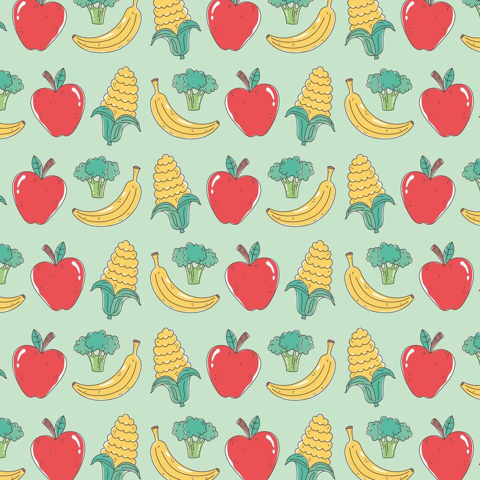 Healthy food pattern with apples, bananas, broccoli and corn vector