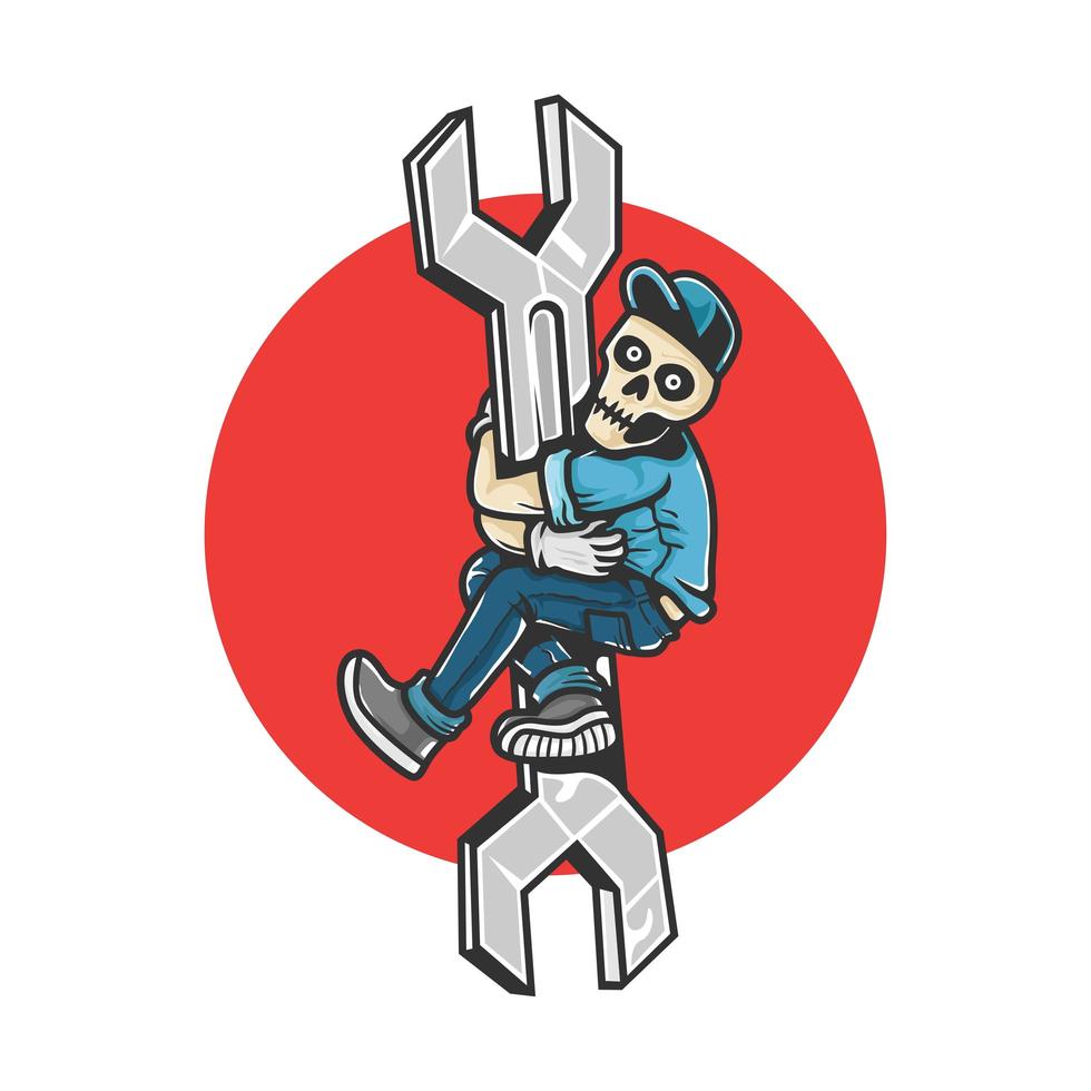 Car Repair Human Skeleton Climbing Wrench vector