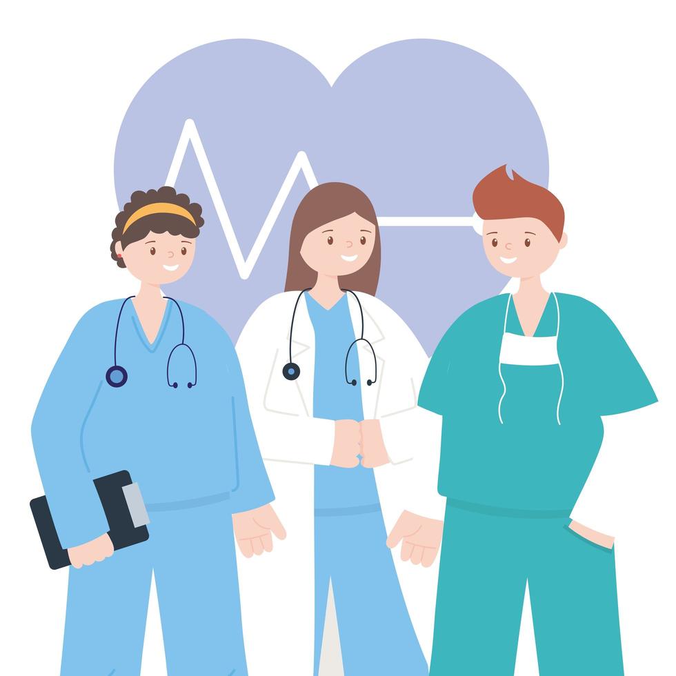 Health care workers in front of a EKG heart vector