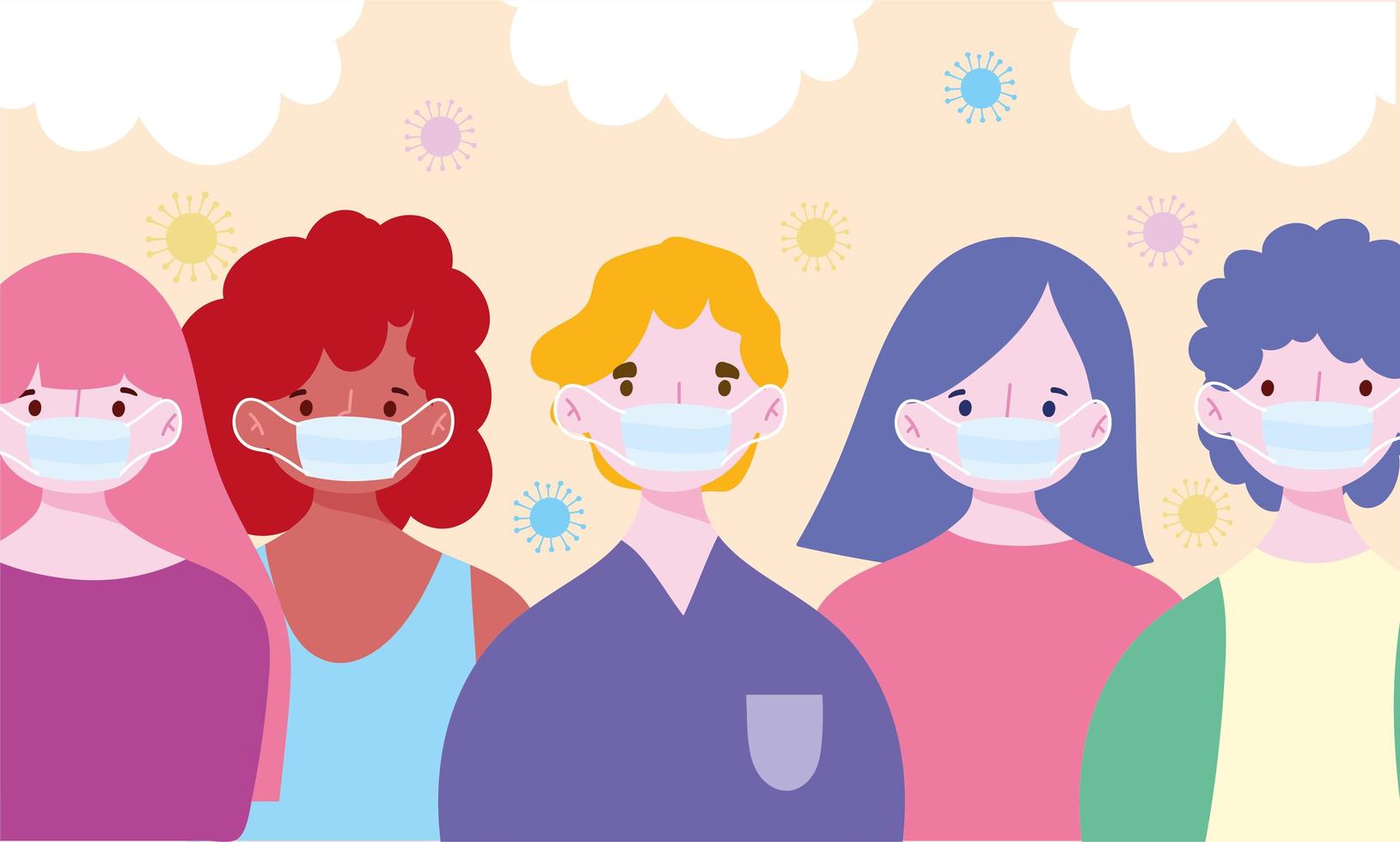 Diverse characters wearing medical face masks  vector