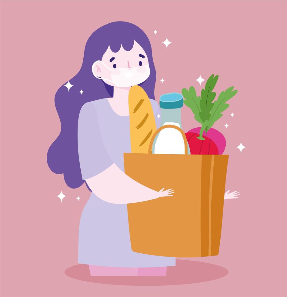 Woman wearing a medical mask carrying groceries vector