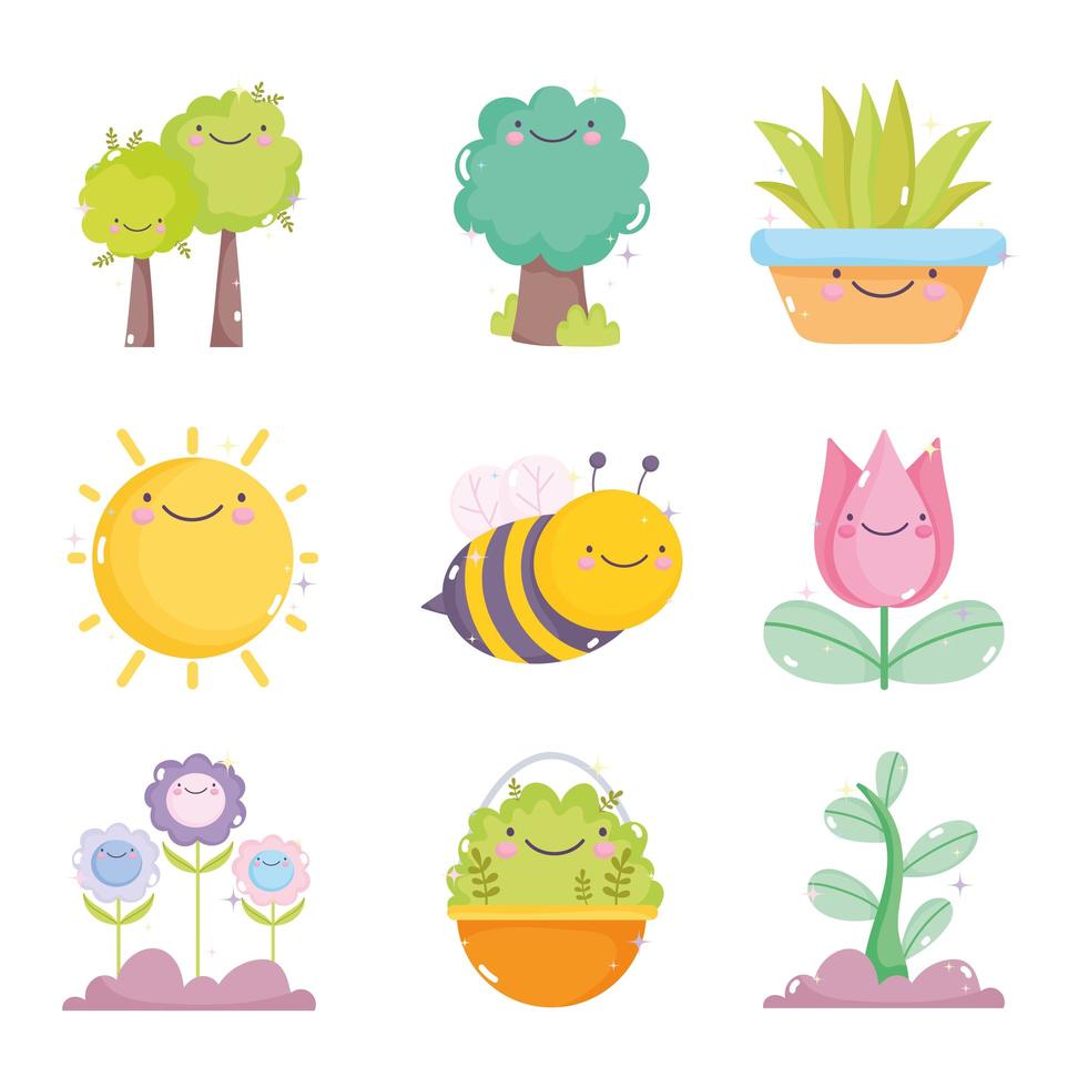 un paquete de iconos de jardinería kawaii vector