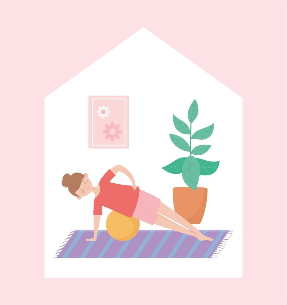 Woman training with a exercise ball in house shape vector