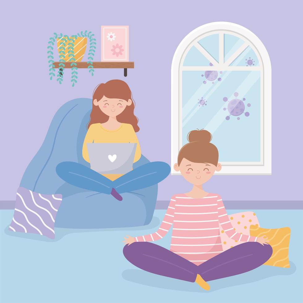 Girls at home doing quarantine activities together vector