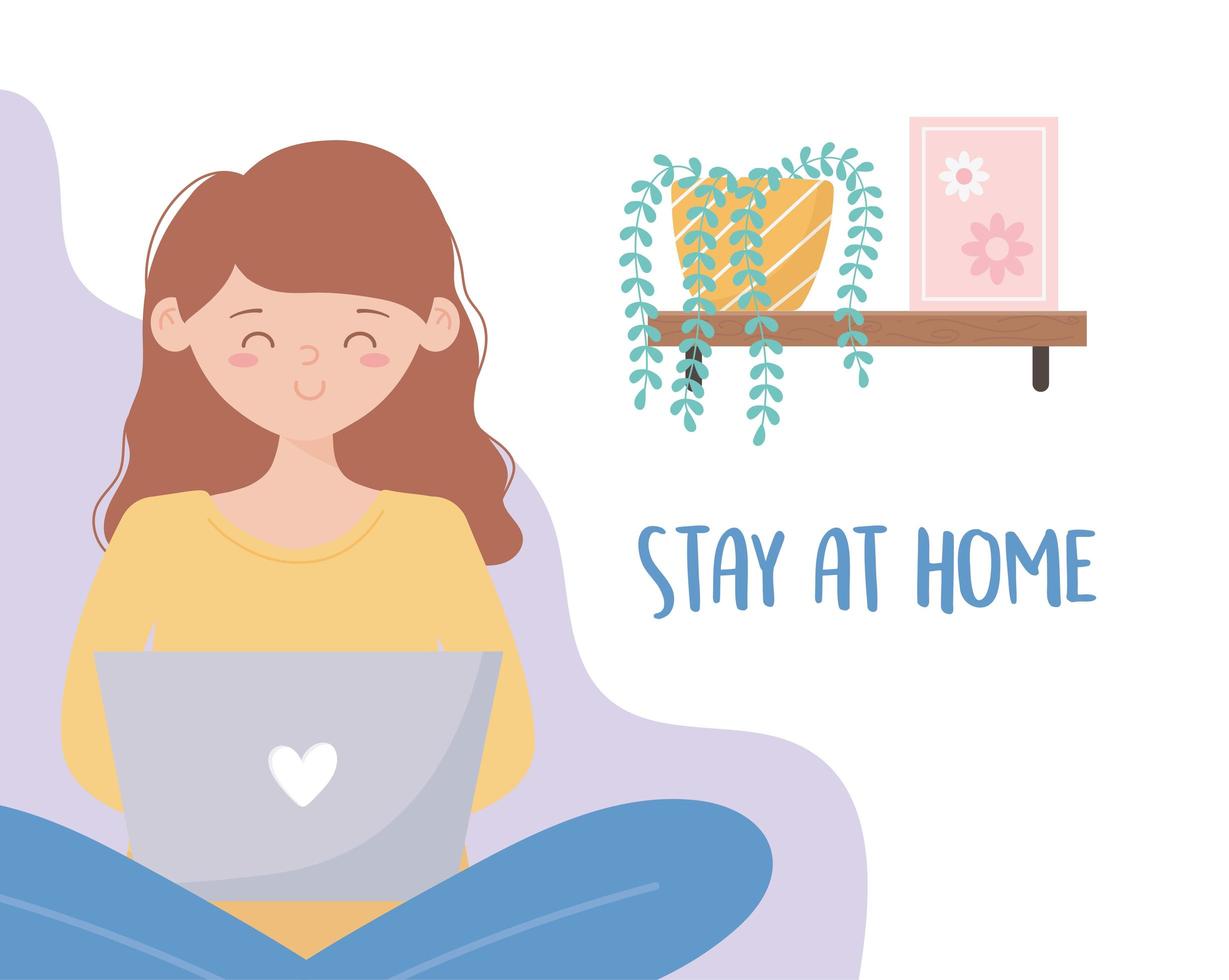 Woman using laptop at home greeting card vector