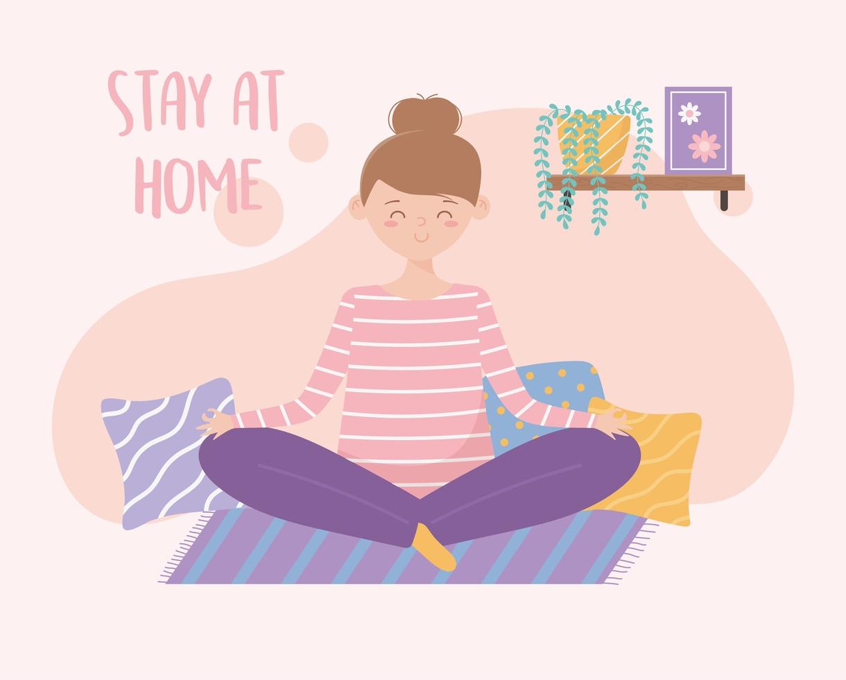 Woman meditating at home greeting card vector