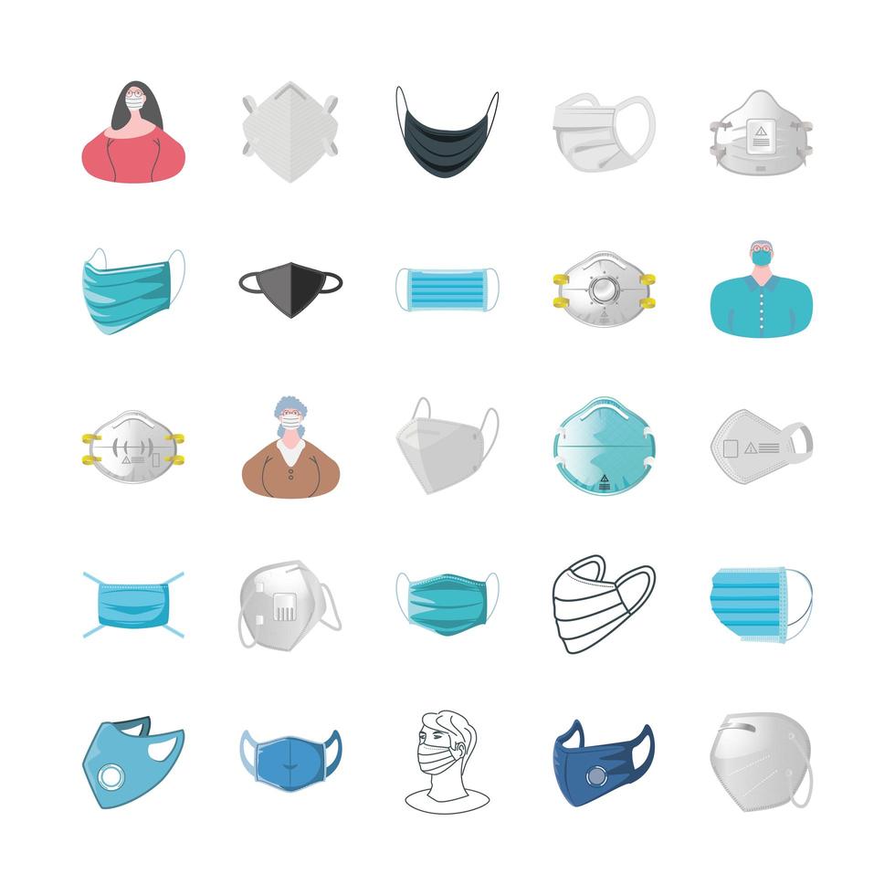 Set of icons of masks and people wearing masks  vector