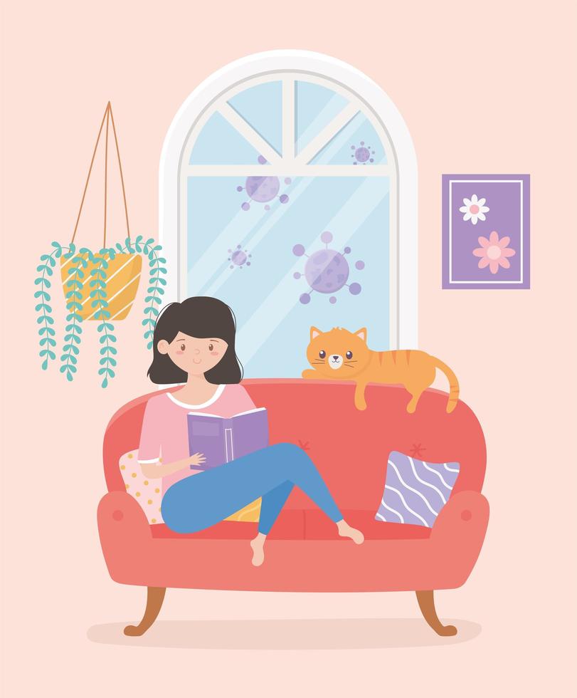 niña leyendo libro en el sofá con gato en cuarentena vector