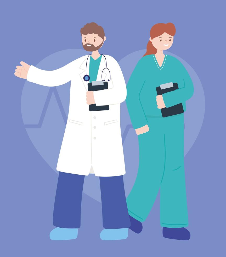 Doctor and nurse professional team holding clipboards vector