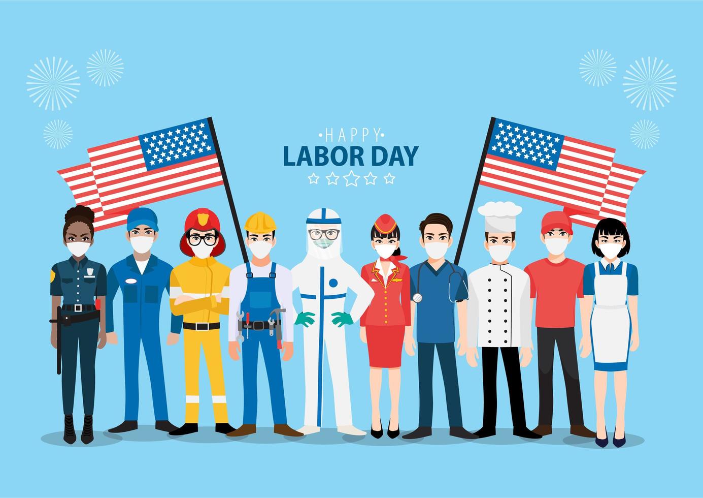 Masked professional workers Labor Day design vector