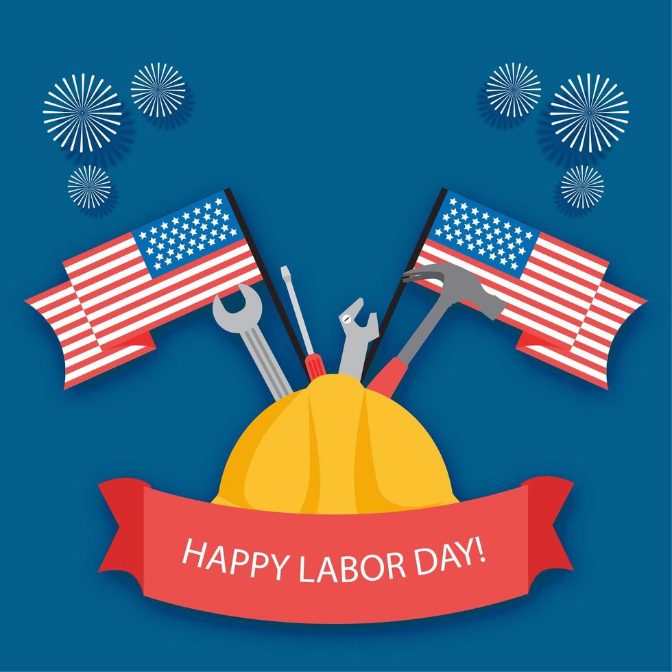 Happy labor day festival banner with hat, tools and flags vector