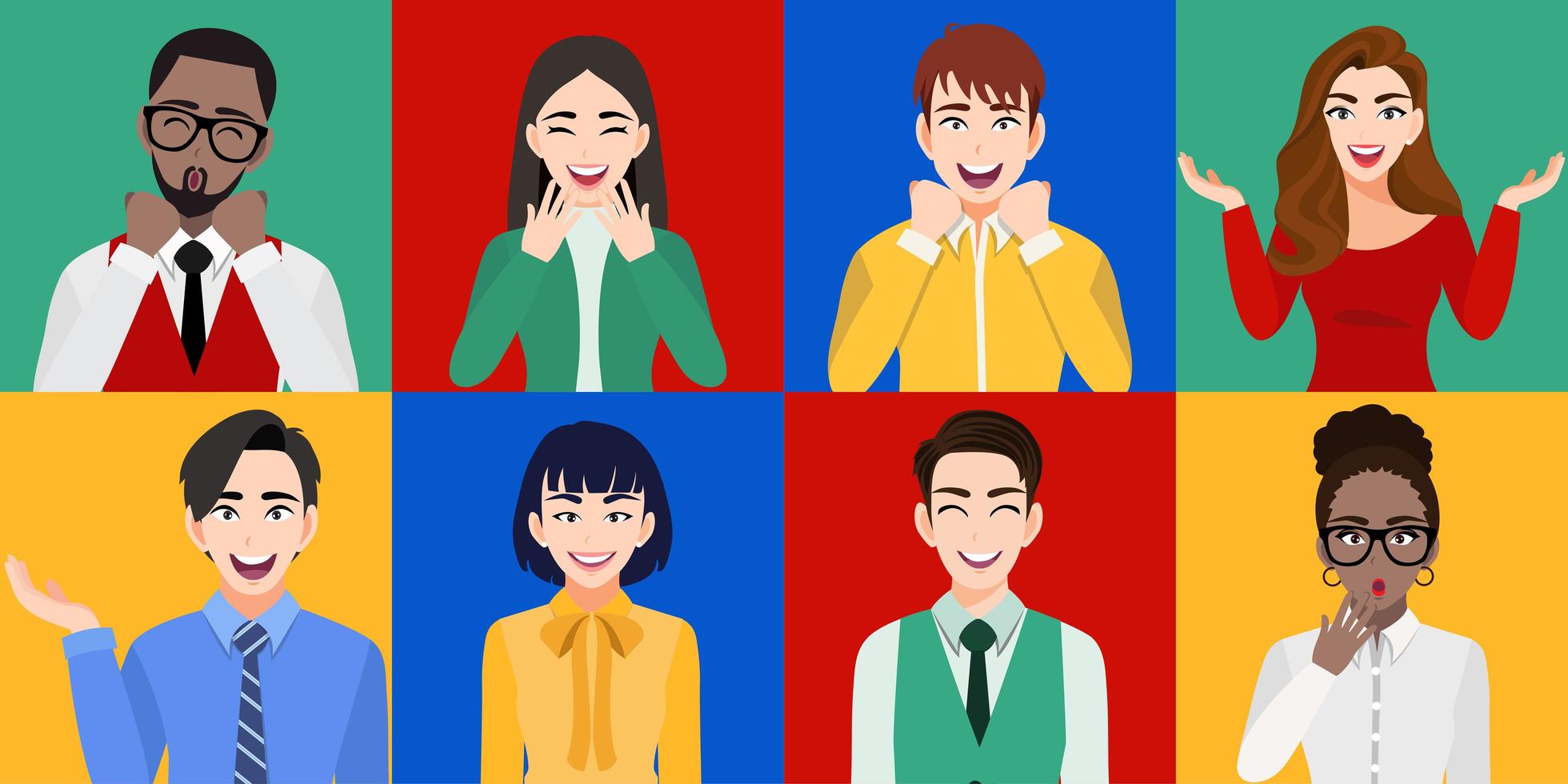 Surprised men and women smiling with open mouths set vector