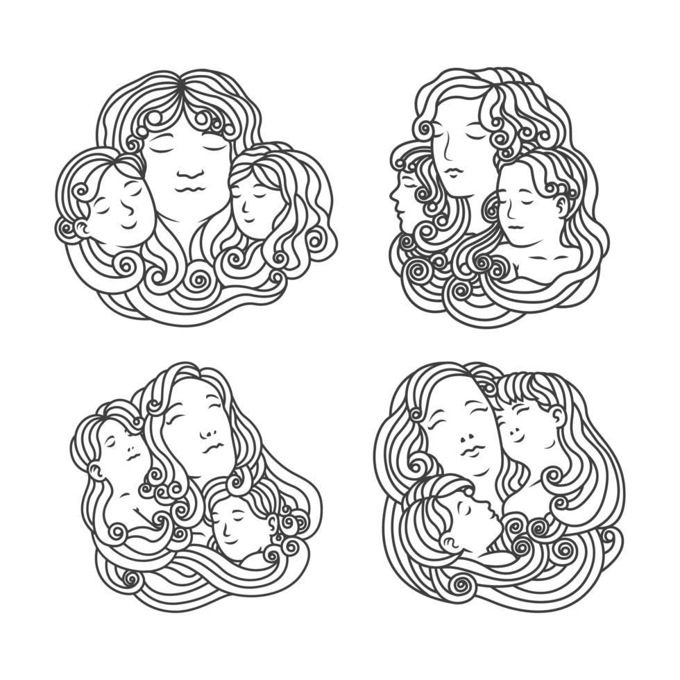 Line drawing set of mother hugging her children vector