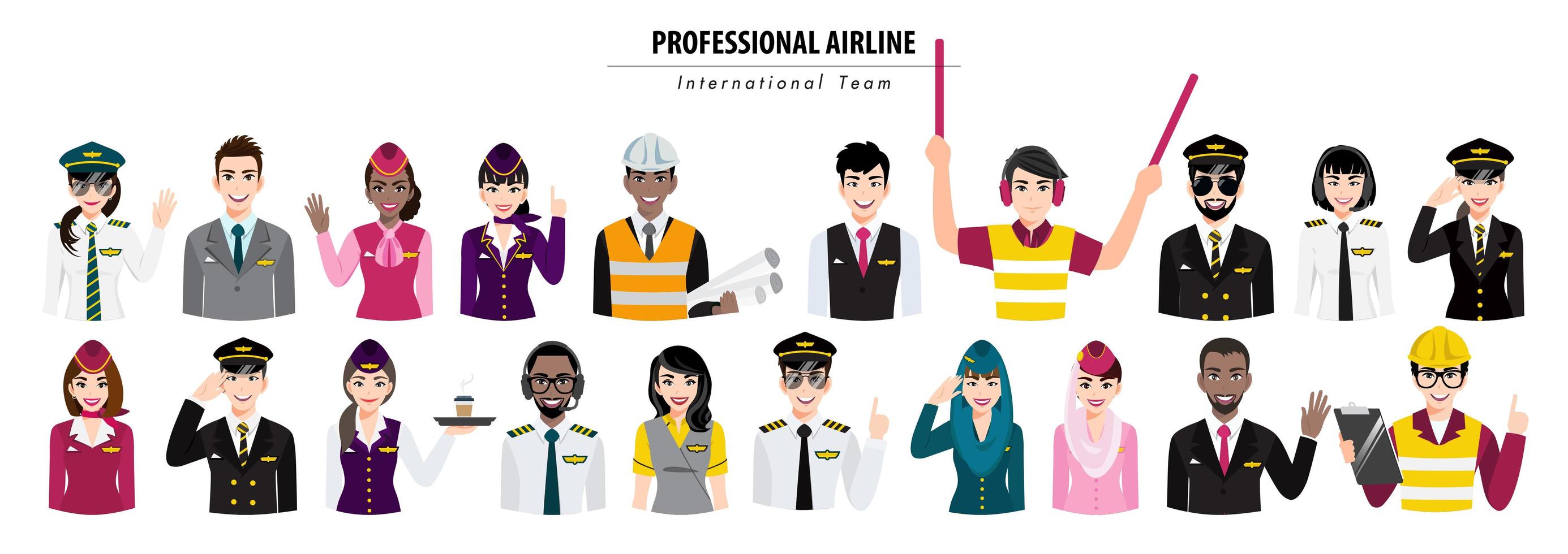 Trabajadores de aerolíneas profesionales de medio cuerpo y banner de tripulación. vector