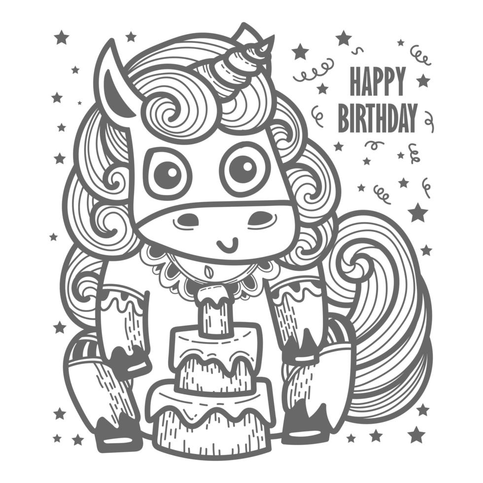 Precioso unicornio con tarta tarjeta de feliz cumpleaños vector