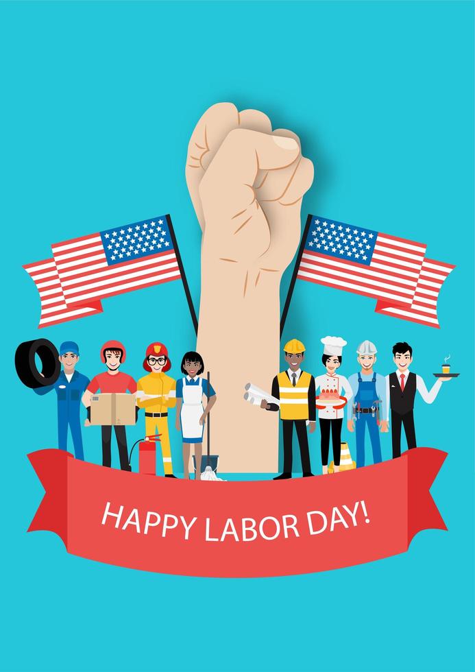 Labor Day design with various professionals and raised vector