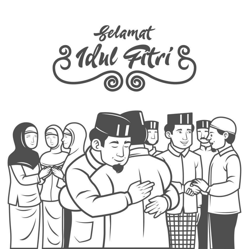 Muslim people celebrating Eid al fitr with hugs vector