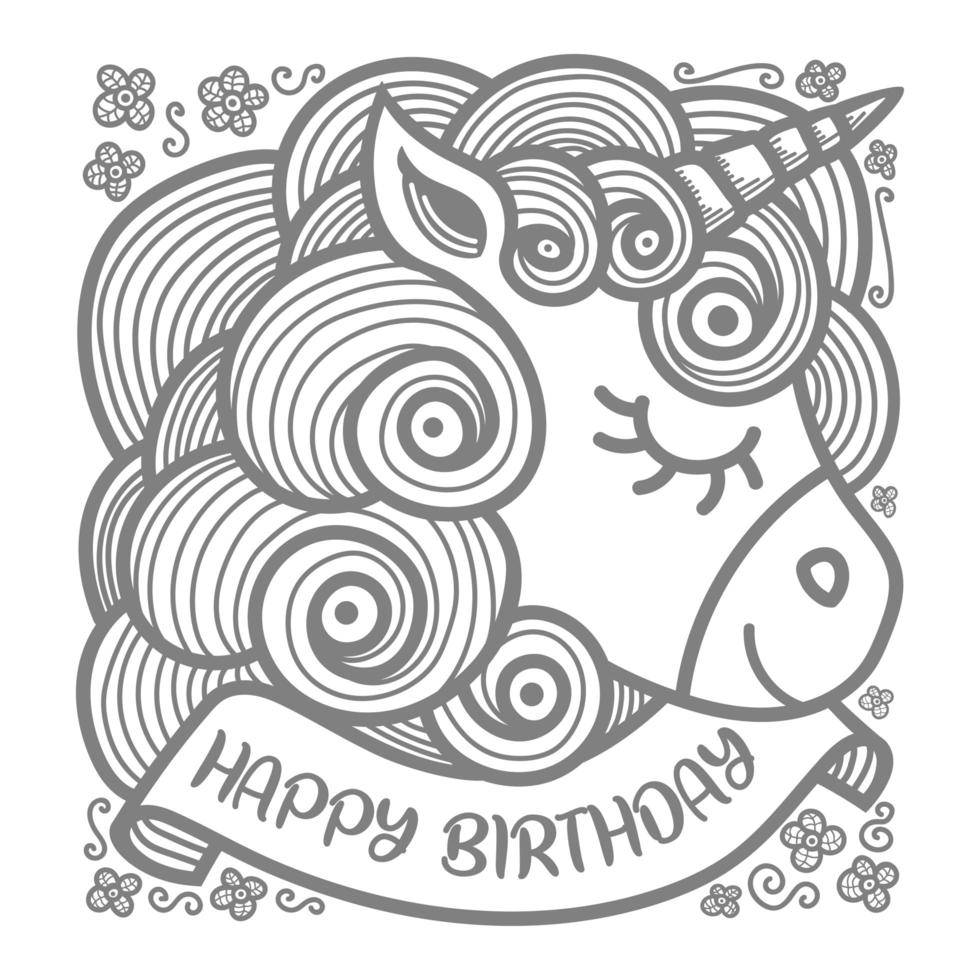 Lovely unicorn head with happy birthday banner vector