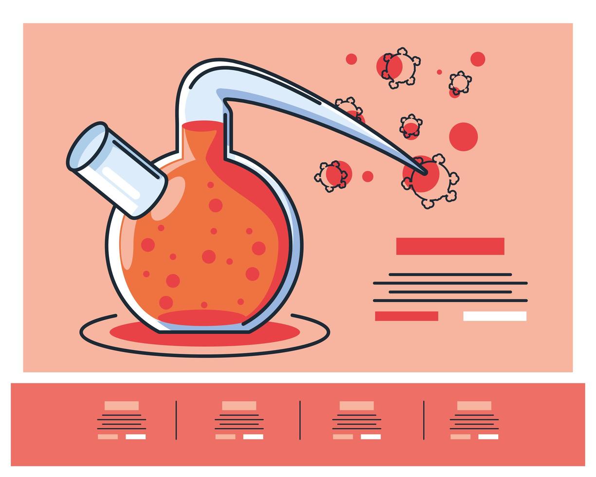 infografía con tubo de laboratorio químico e investigación de coronavirus. vector