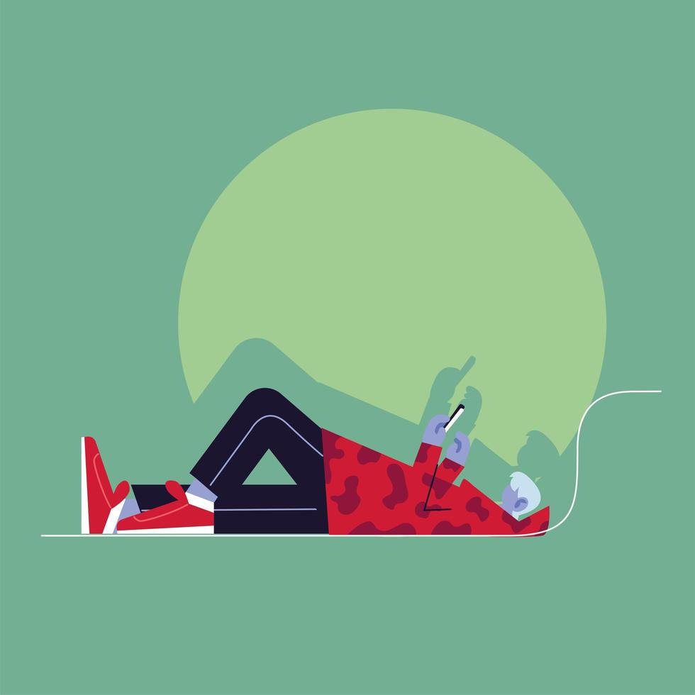 Lying man holding smartphone vector