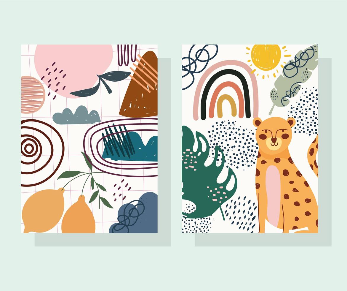 leopardo y frutas con formas contemporáneas dibujadas a mano vector