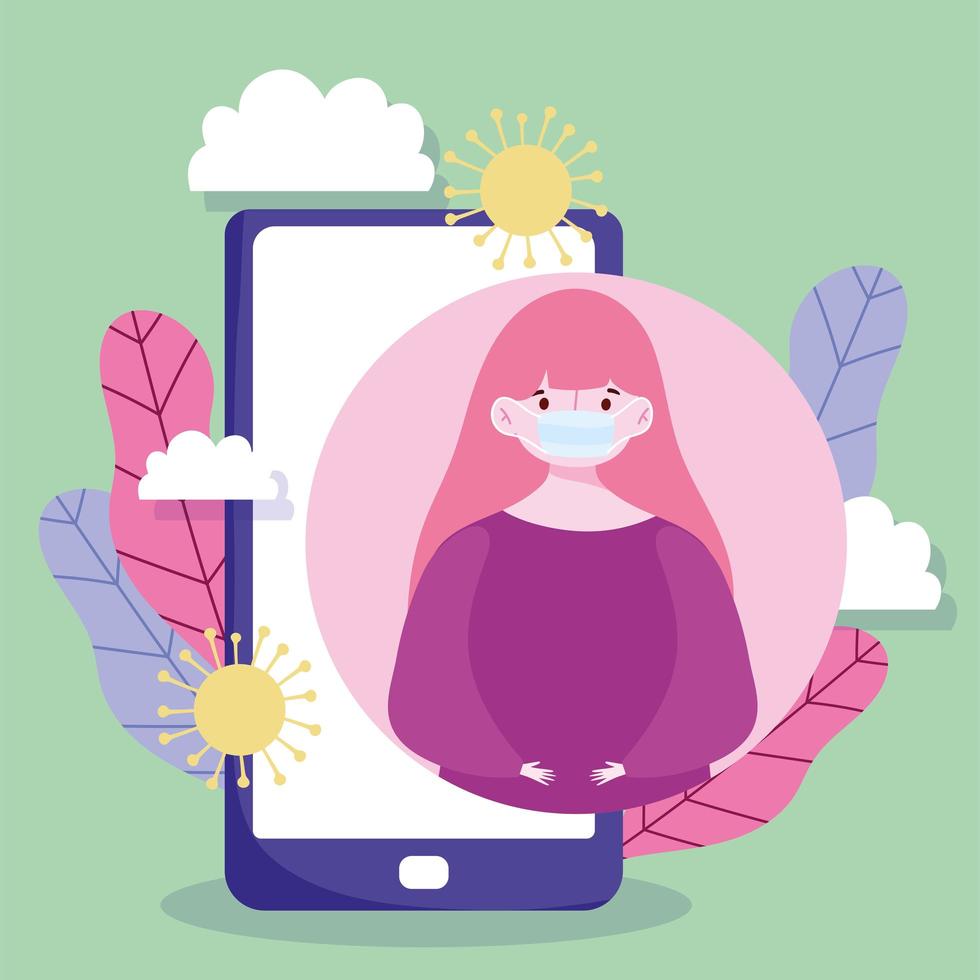 Young girl wearing a face mask with smartphone vector