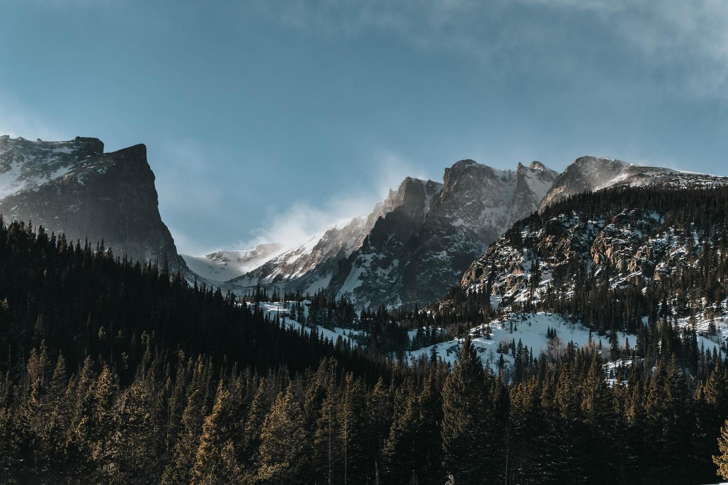 Looking up at mountains and trees photo