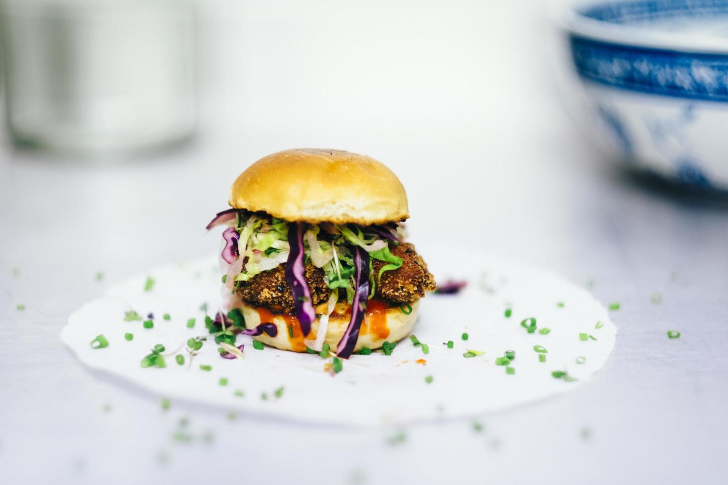 Hamburger on white plate photo