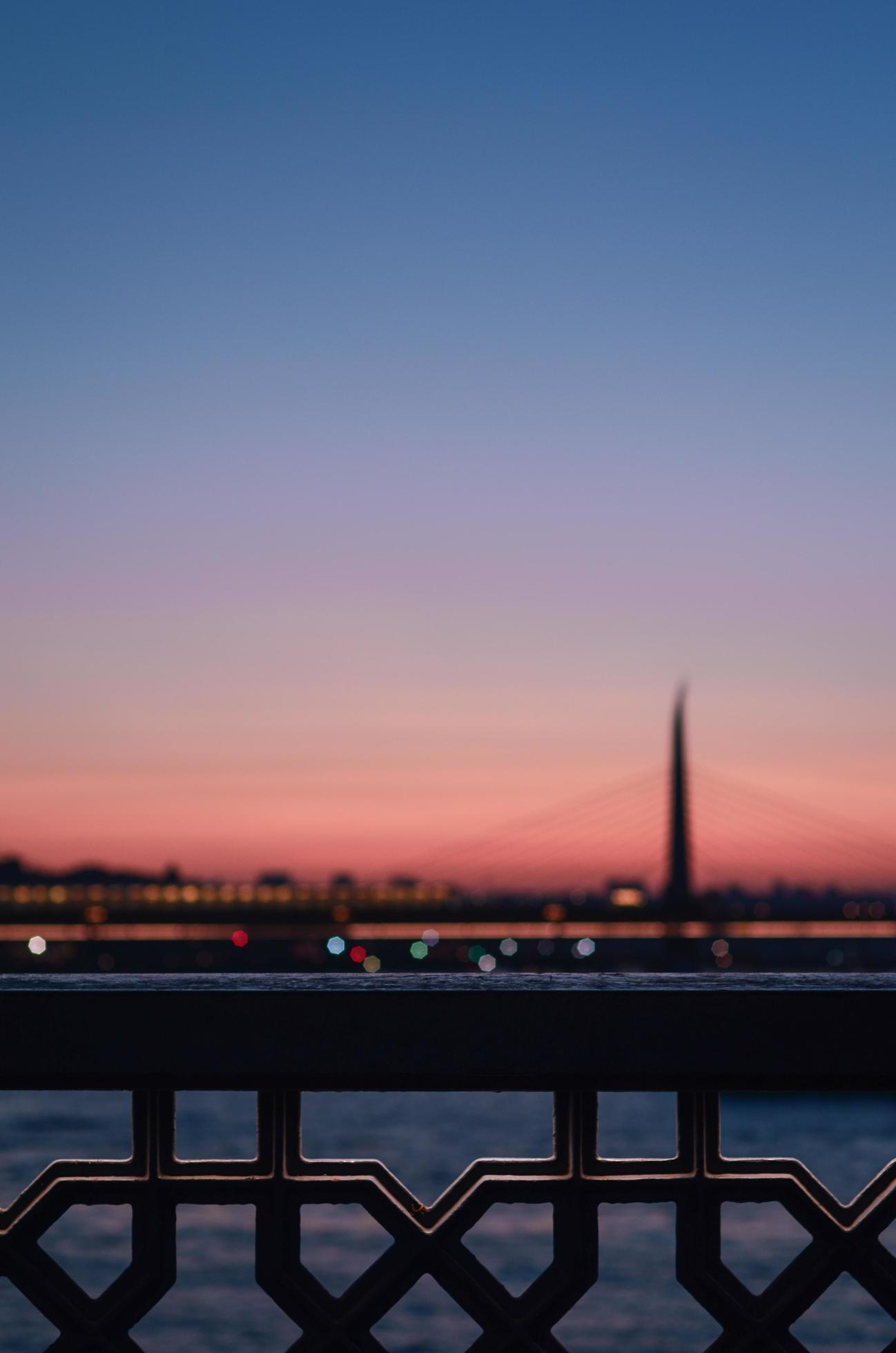 Close-up of metal railing with city and water in background 1248512