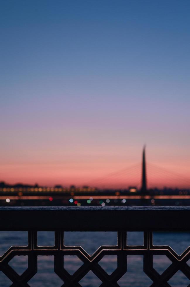 Close-up of metal railing with city and water in background photo