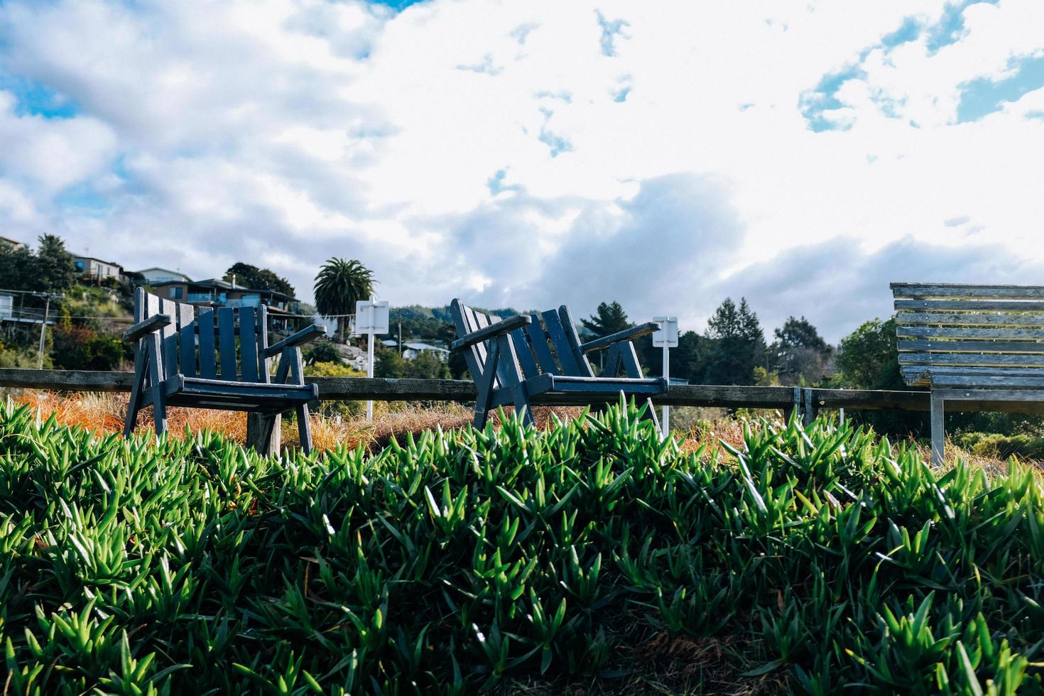 Wood bench on grass with cloudy blue sky photo