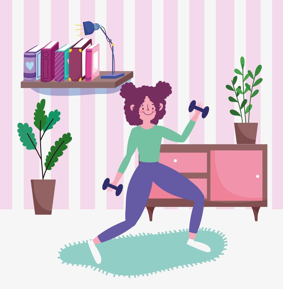 Teen lifting dumbbells in room vector