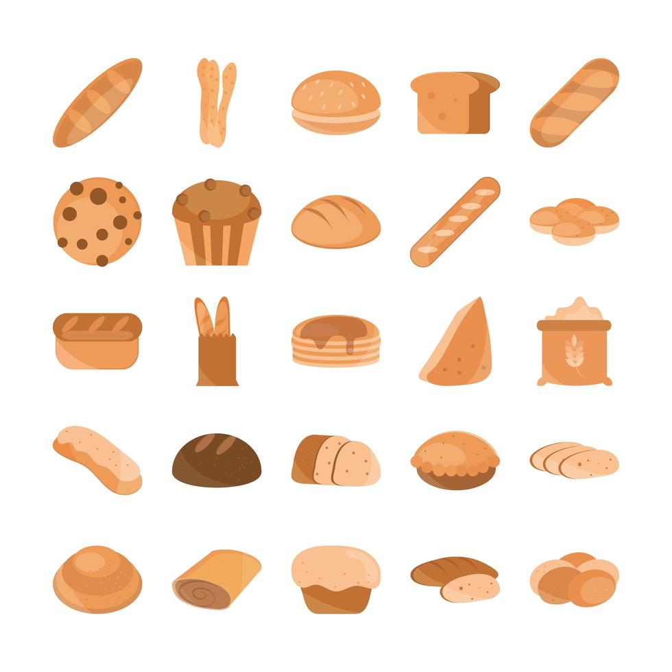 colección de iconos de estilo plano de panadería y productos rechazados vector