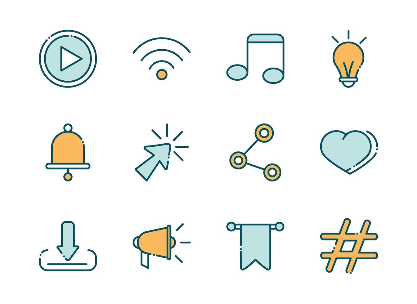 Pack of social media and network line and fill icons vector