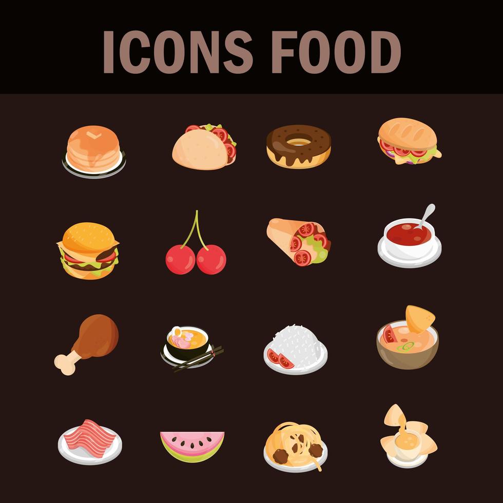 Set of restaurant food and fruits flat style icons vector