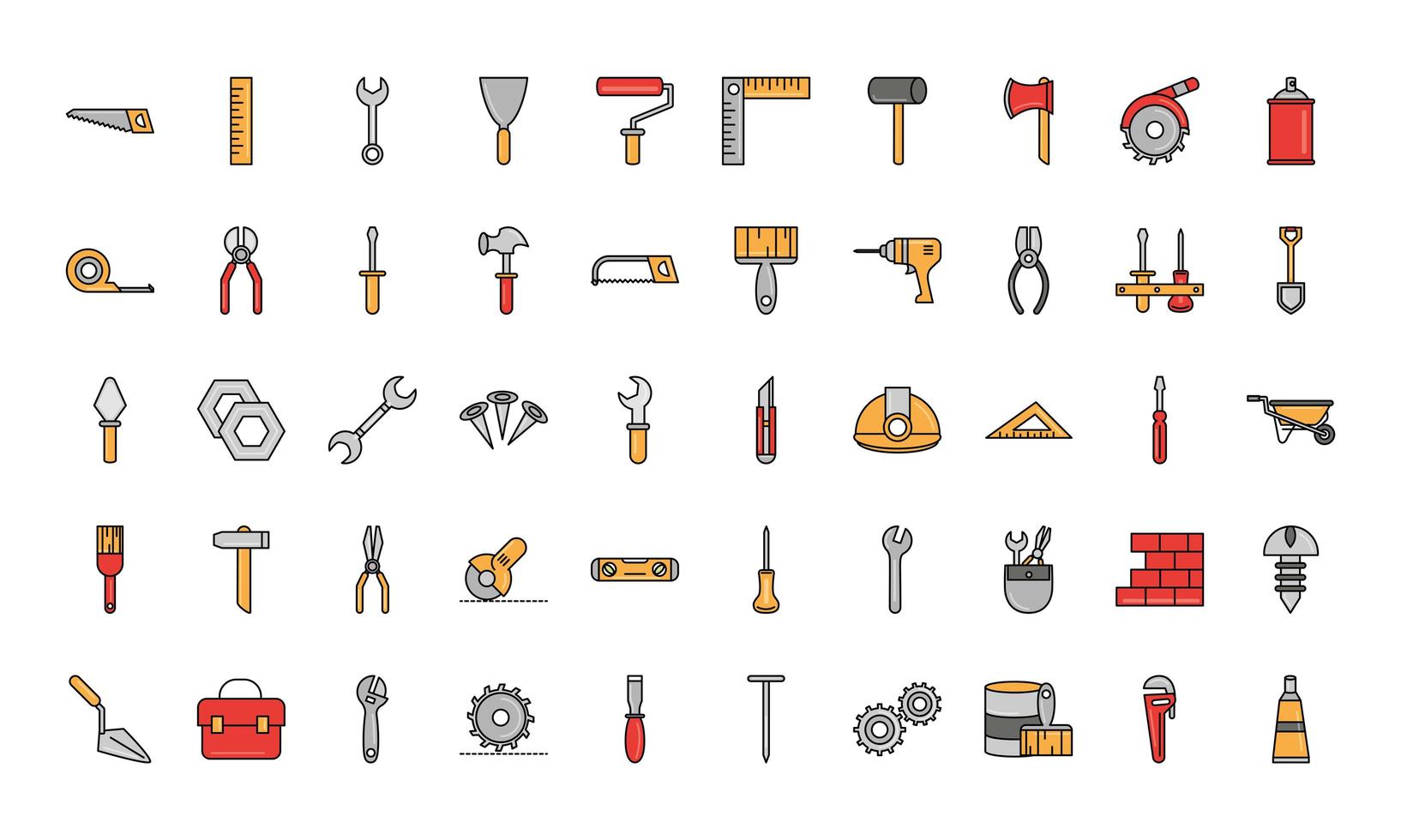 Repair tools and construction equipments line and fill icon set vector