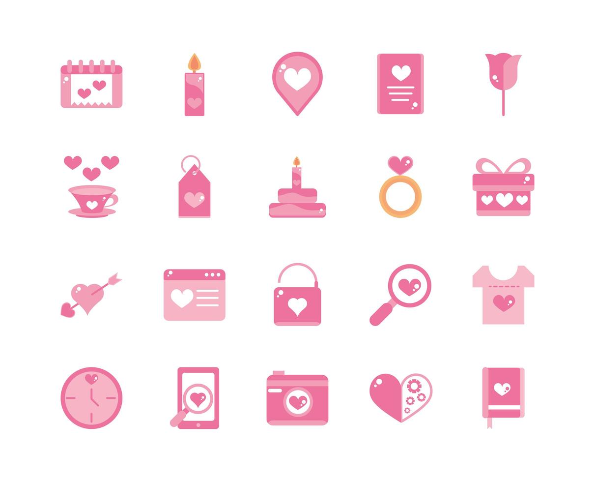 Collection of Valentines day celebration romantic pink icons vector
